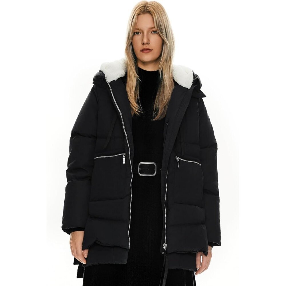 Women's Thickened Black Clothing Down Vest Jacket Warm Fleece Lined Hood Coat